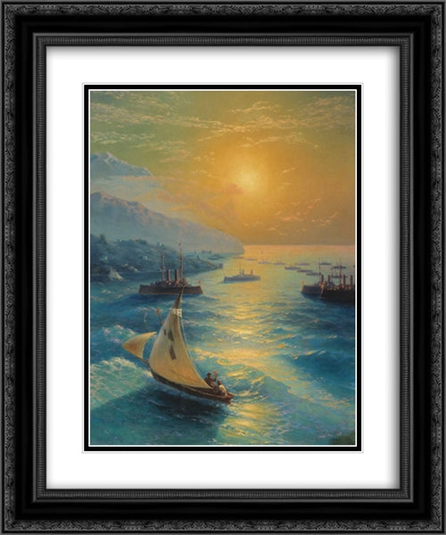 Ships at the Feodosiya raid 20x24 Black Ornate Wood Framed Art Print Poster with Double Matting by Aivazovsky, Ivan