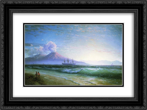 The Bay of Naples early in the morning 24x18 Black Ornate Wood Framed Art Print Poster with Double Matting by Aivazovsky, Ivan