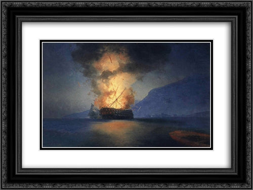 Exploding Ship 24x18 Black Ornate Wood Framed Art Print Poster with Double Matting by Aivazovsky, Ivan