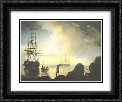 Fishermen on the Shore 24x20 Black Ornate Wood Framed Art Print Poster with Double Matting by Aivazovsky, Ivan