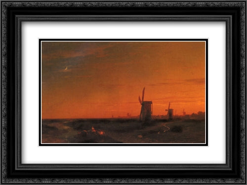 Landscape With Windmills 24x18 Black Ornate Wood Framed Art Print Poster with Double Matting by Aivazovsky, Ivan