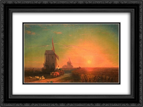 Sunset. Mill 24x18 Black Ornate Wood Framed Art Print Poster with Double Matting by Aivazovsky, Ivan