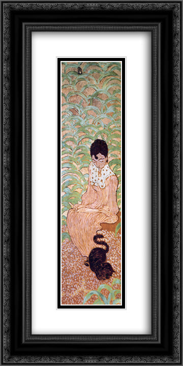 Sitting Woman with a Cat 12x24 Black Ornate Wood Framed Art Print Poster with Double Matting by Bonnard, Pierre