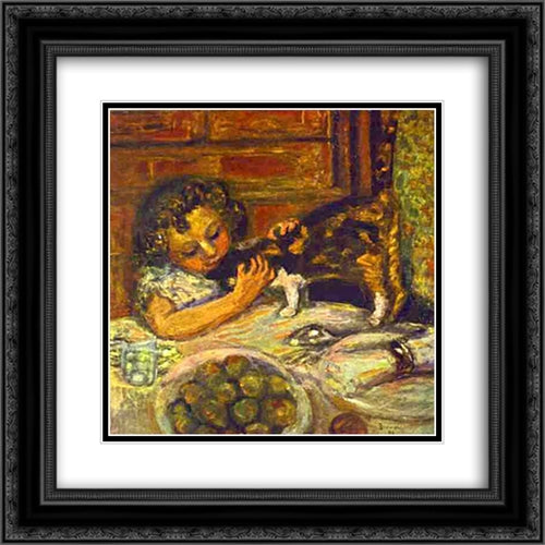 Little Girl with a Cat 20x20 Black Ornate Wood Framed Art Print Poster with Double Matting by Bonnard, Pierre