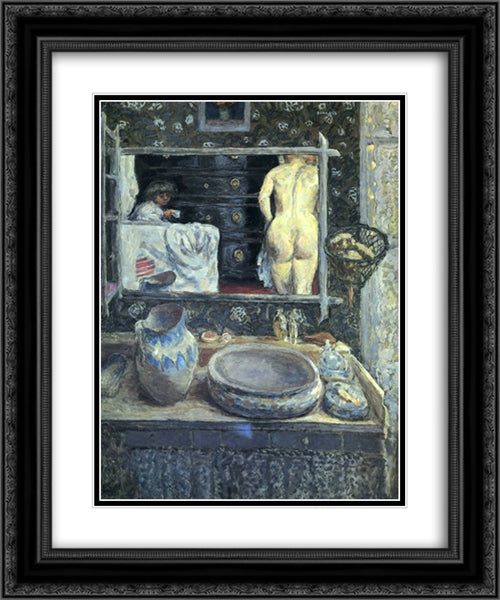 Mirror on the Wash Stand 20x24 Black Ornate Wood Framed Art Print Poster with Double Matting by Bonnard, Pierre