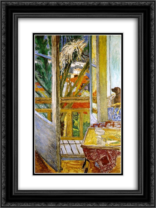 The door window with dog 18x24 Black Ornate Wood Framed Art Print Poster with Double Matting by Bonnard, Pierre