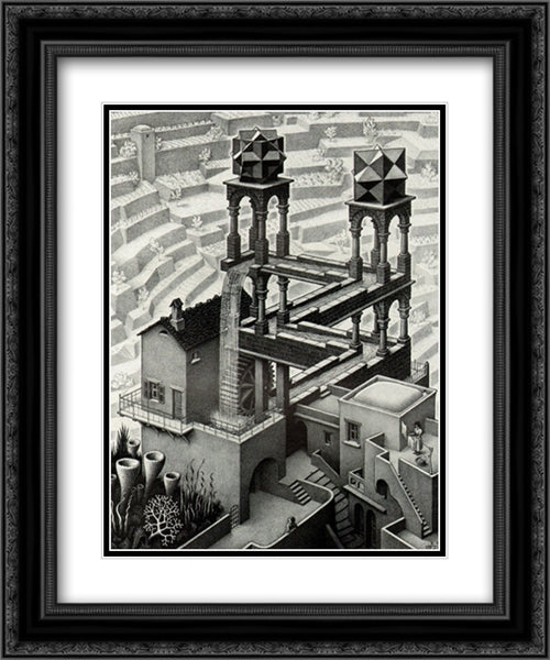 The Waterfall 20x24 Black Ornate Wood Framed Art Print Poster with Double Matting by Escher, M.C.