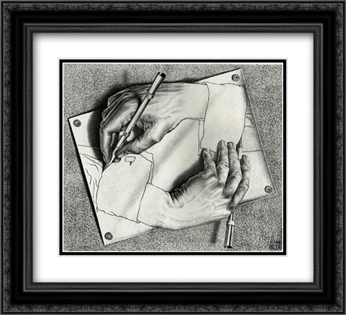 Drawing Hands 22x20 Black Ornate Wood Framed Art Print Poster with Double Matting by Escher, M.C.