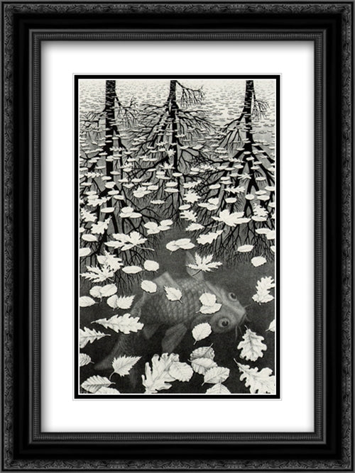 Three Worlds 18x24 Black Ornate Wood Framed Art Print Poster with Double Matting by Escher, M.C.