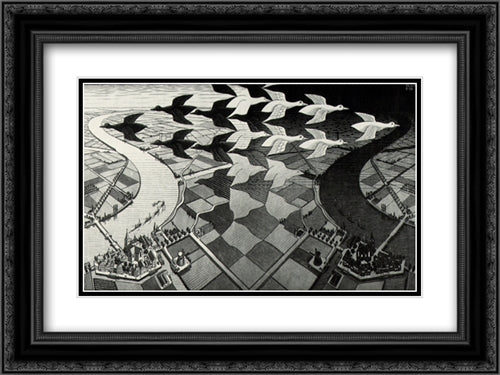 Day and Night 24x18 Black Ornate Wood Framed Art Print Poster with Double Matting by Escher, M.C.