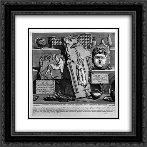 The Roman antiquities, t. 2, Plate XIV. Inscriptions and fragments of the burial chambers of the Family Arrunzia (figures carved from Barbault) 20x20 Black Ornate Wood Framed Art Print Poster with Double Matting by Piranesi, Giovanni Battista