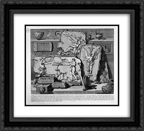 The Roman antiquities, t. 2, Plate XV. Inscriptions and fragments of the burial chambers of the Family Arrunzia (figures carved from Barbault) 22x20 Black Ornate Wood Framed Art Print Poster with Double Matting by Piranesi, Giovanni Battista