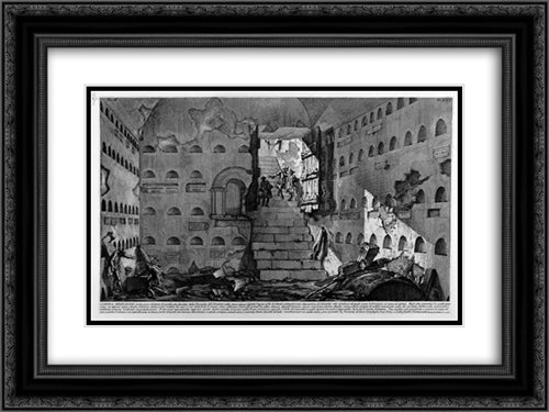 The Roman antiquities, t. 2, Plate XVI. Inscriptions and fragments of the burial chambers of the Family Arrunzia (figures carved from Barbault) 24x18 Black Ornate Wood Framed Art Print Poster with Double Matting by Piranesi, Giovanni Battista