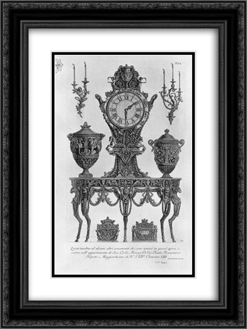 A five-legged table, wall Matterhorn, surmounted by a clock between two decorative vases, two candelabra wall, two urns 18x24 Black Ornate Wood Framed Art Print Poster with Double Matting by Piranesi, Giovanni Battista