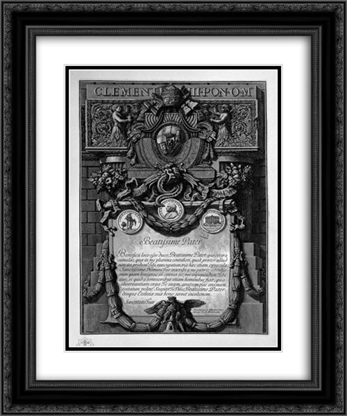 According to Cover Up the papal coat of arms, under a large cartouche garlanded with a dedication to Pope Clement XIII 20x24 Black Ornate Wood Framed Art Print Poster with Double Matting by Piranesi, Giovanni Battista