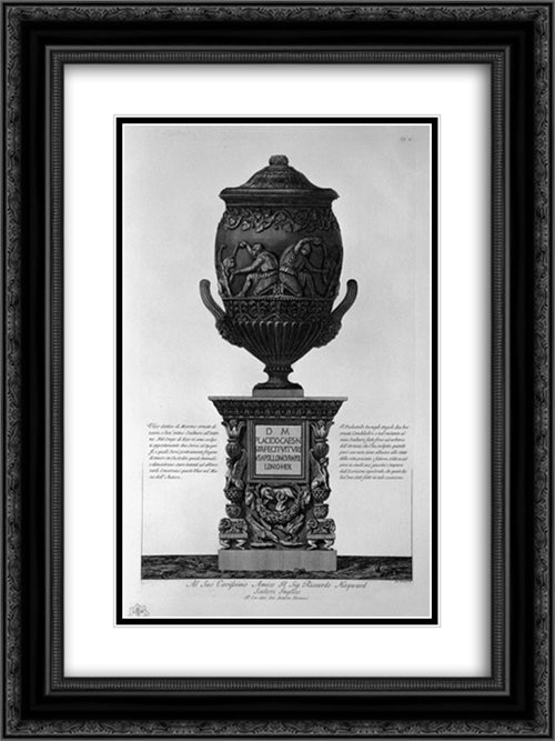 Antique vase of marble with kneeling figures drinking from hippogryphs, with chandeliers and a pedestal corner 18x24 Black Ornate Wood Framed Art Print Poster with Double Matting by Piranesi, Giovanni Battista