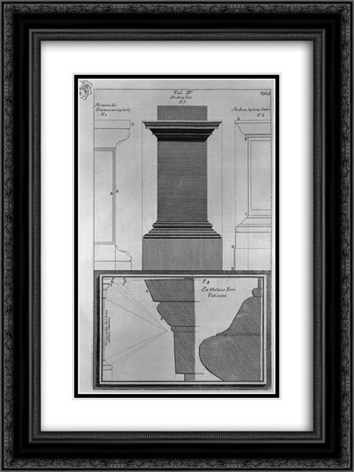 Architectural details of the Arches of Titus and Septimius Severus and the obelisk in Piazza of St. Peter 18x24 Black Ornate Wood Framed Art Print Poster with Double Matting by Piranesi, Giovanni Battista