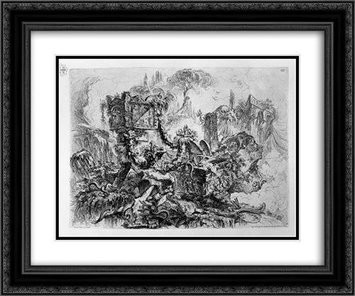 Caprice decoration, a group of ruins inhabited by snakes, surmounted by an ancient tomb, a delicate etching pine in the fund at the bottom right palette 24x20 Black Ornate Wood Framed Art Print Poster with Double Matting by Piranesi, Giovanni Battista