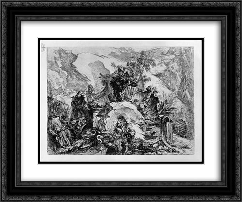 Caprice decoration: a skeletal figure in the center, among the ruins, fragments of sculpture, bones and skulls of which one half of the first floor 24x20 Black Ornate Wood Framed Art Print Poster with Double Matting by Piranesi, Giovanni Battista