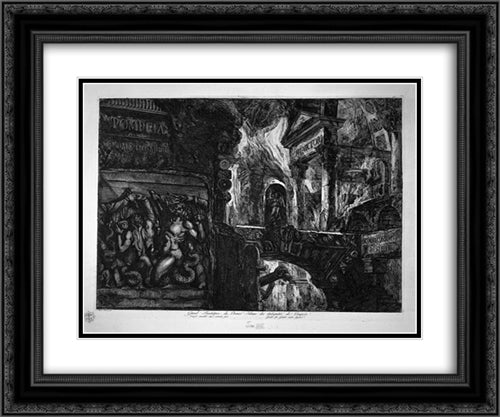 Cover Page. To the right a temple on fire, left a high-relief depicting the War of `Giants against Jupiter 24x20 Black Ornate Wood Framed Art Print Poster with Double Matting by Piranesi, Giovanni Battista