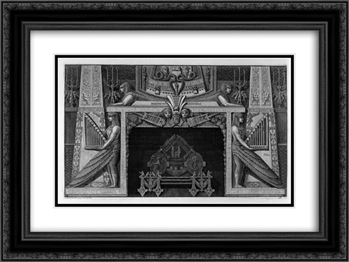 Egyptian-style fireplace surmounted by two sphinxes and flanked by two great figures of harpists, a rich interior wing 24x18 Black Ornate Wood Framed Art Print Poster with Double Matting by Piranesi, Giovanni Battista