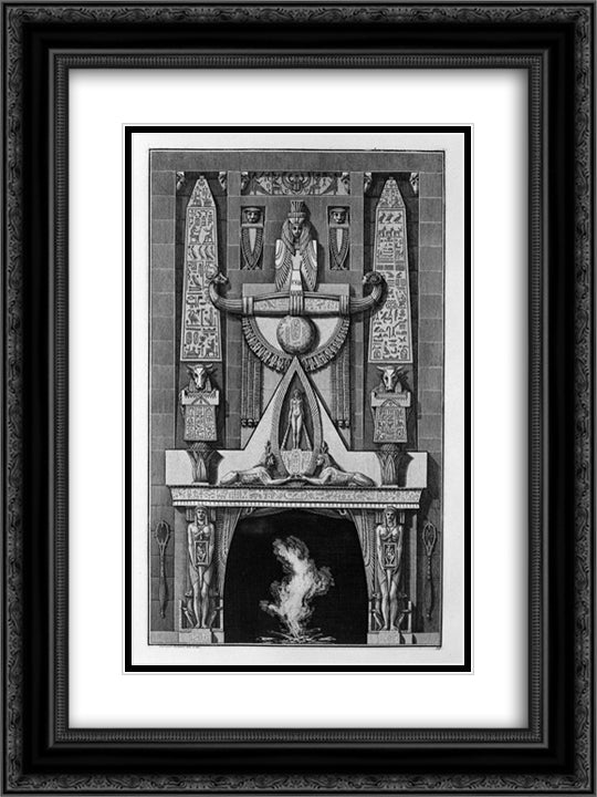 Egyptian-style fireplace, on the floor between two obelisks and a number of decorative elements, two sphinxes crouching, and among them 18x24 Black Ornate Wood Framed Art Print Poster with Double Matting by Piranesi, Giovanni Battista