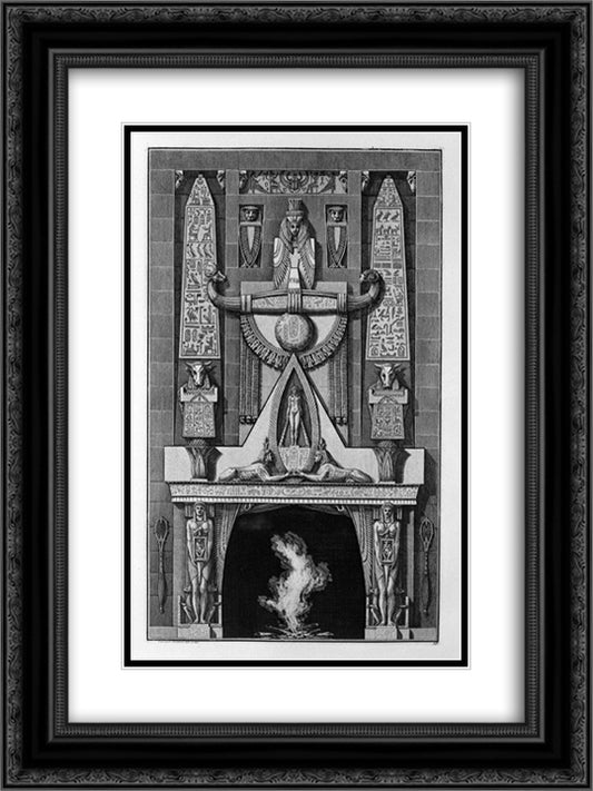 Egyptian-style fireplace, on the floor between two obelisks and a number of decorative elements, two sphinxes crouching, and among them 18x24 Black Ornate Wood Framed Art Print Poster with Double Matting by Piranesi, Giovanni Battista