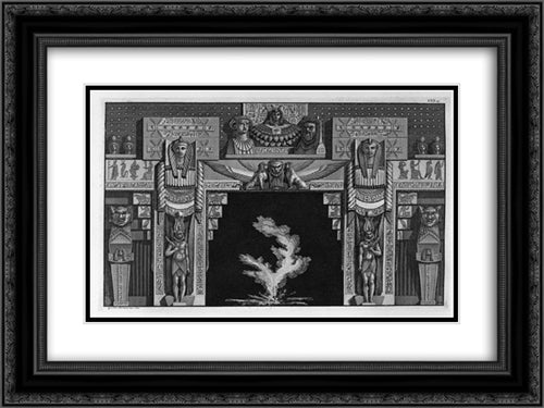 Egyptian-style fireplace, the frieze of a lion mask between two sphinxes on the sides sacred figures standing with a lion`s head 24x18 Black Ornate Wood Framed Art Print Poster with Double Matting by Piranesi, Giovanni Battista