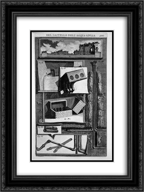 Elevation of the inside wall of the ruins of the castle and the events of the external details related to the bed and fistulas water distribution 18x24 Black Ornate Wood Framed Art Print Poster with Double Matting by Piranesi, Giovanni Battista