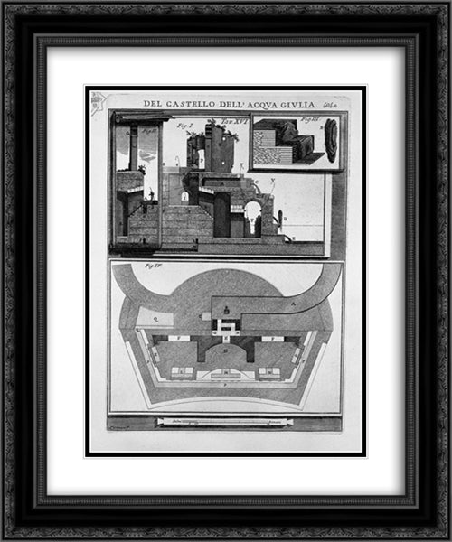 Elevation of the inside wall of the ruins of the castle and the events of the external details related to the bed and fistulas water distribution 20x24 Black Ornate Wood Framed Art Print Poster with Double Matting by Piranesi, Giovanni Battista