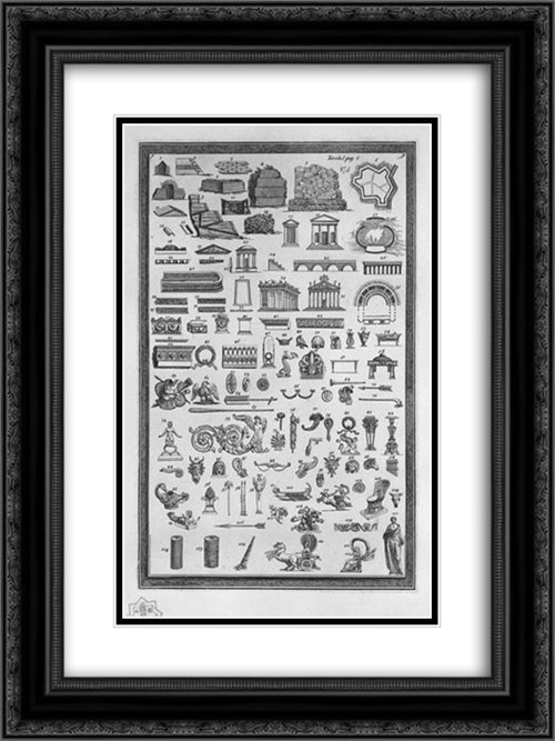 Etruscan monuments of various kinds relating to sacred uses, public, private, war, and ornaments used in the aforementioned sights (115 small incisions) 18x24 Black Ornate Wood Framed Art Print Poster with Double Matting by Piranesi, Giovanni Battista