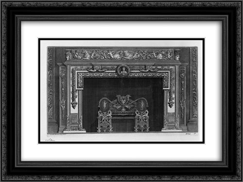 Fireplace that has a second floor on the frieze of putti cavalcanti dolphins and sea monsters, a rich interior wing 24x18 Black Ornate Wood Framed Art Print Poster with Double Matting by Piranesi, Giovanni Battista