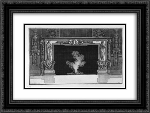 Fireplace with draped figures and horns of plenty at the hips, and a medallion on the frieze and two heads in profile between two fasces 24x18 Black Ornate Wood Framed Art Print Poster with Double Matting by Piranesi, Giovanni Battista