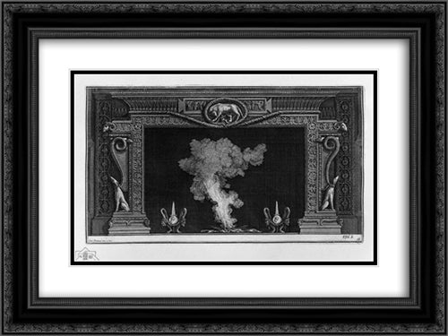 Fireplace, two greyhounds, squatting, on the sides, and the Roman she-wolf in the frieze 24x18 Black Ornate Wood Framed Art Print Poster with Double Matting by Piranesi, Giovanni Battista