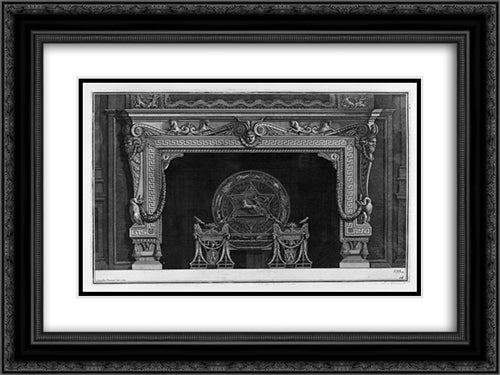 Fireplace: frieze of scrolls and sea horses with central mask, a rich interior wing 24x18 Black Ornate Wood Framed Art Print Poster with Double Matting by Piranesi, Giovanni Battista