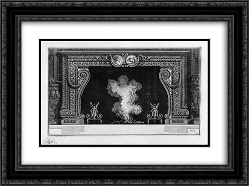 Fireplace: frieze on a medal with his imperial backhand; inside wing with two winged Victories 24x18 Black Ornate Wood Framed Art Print Poster with Double Matting by Piranesi, Giovanni Battista