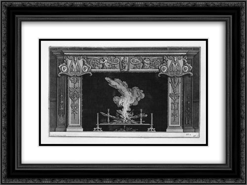 Fireplace: in the center of the frieze figures of warriors standing up on each side, top, two small figures of goddesses sitting on cameos head of Medusa 24x18 Black Ornate Wood Framed Art Print Poster with Double Matting by Piranesi, Giovanni Battista