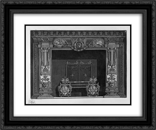 Fireplace: in the frieze of a Medusa`s head between two swans, flanked by two centaurs in the race, a rich interior wing 24x20 Black Ornate Wood Framed Art Print Poster with Double Matting by Piranesi, Giovanni Battista