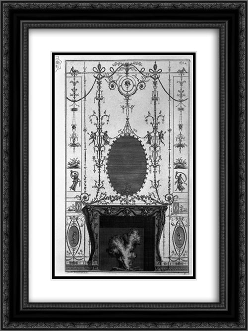 Fireplace: in the frieze of Medusa heads 3 horns of plenty joined by the sides of Aries heads 18x24 Black Ornate Wood Framed Art Print Poster with Double Matting by Piranesi, Giovanni Battista