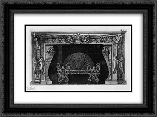 Fireplace: in the frieze rython to two horse heads, hips 4 caryatids 24x18 Black Ornate Wood Framed Art Print Poster with Double Matting by Piranesi, Giovanni Battista