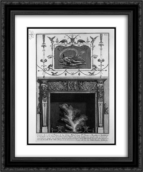 Fireplace: in the frieze, sacrificing two fauns, including winged genii; high on the wall, the figure of a woman lying in a shell 20x24 Black Ornate Wood Framed Art Print Poster with Double Matting by Piranesi, Giovanni Battista