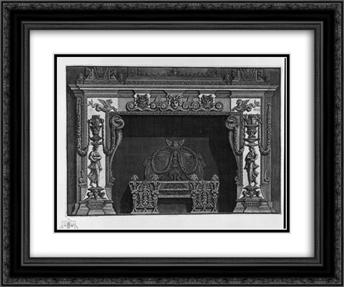 Fireplace: in the frieze, three masks; a rich interior wing 24x20 Black Ornate Wood Framed Art Print Poster with Double Matting by Piranesi, Giovanni Battista