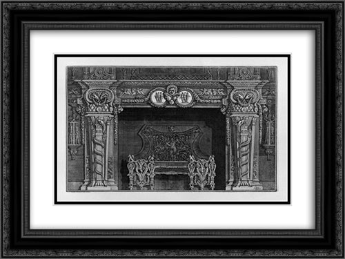 Fireplace: stage three masks in the frieze between two medallions with the Graces, in the interior, full wing 24x18 Black Ornate Wood Framed Art Print Poster with Double Matting by Piranesi, Giovanni Battista