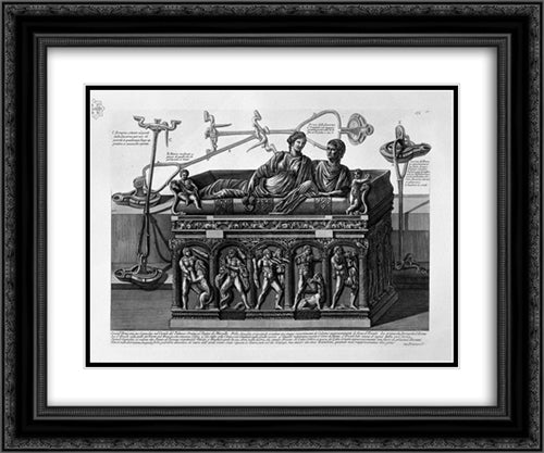 Large urn with reliefs of the labors of Hercules, and cover in the form of bier (Plazza Orsini), and a lamp of brass 24x20 Black Ornate Wood Framed Art Print Poster with Double Matting by Piranesi, Giovanni Battista