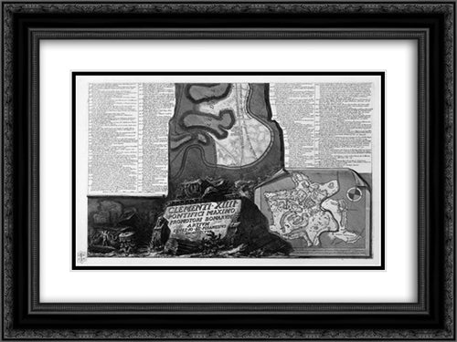 Map of Rome and the Campus Martius with the relevant Index and dedication to Clement XIII in three sheets, and title listed 24x18 Black Ornate Wood Framed Art Print Poster with Double Matting by Piranesi, Giovanni Battista