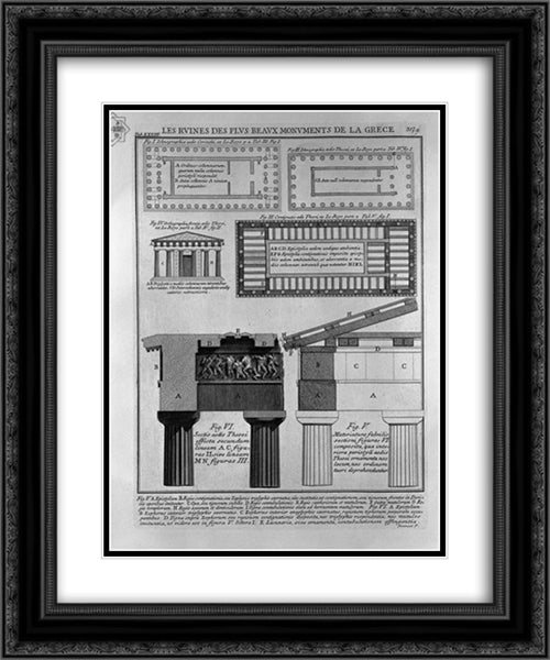 Plan, elevation and details of Doric temples in Greece (from Le Roy) 20x24 Black Ornate Wood Framed Art Print Poster with Double Matting by Piranesi, Giovanni Battista