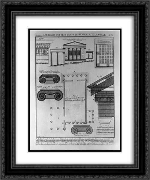 Plan, elevation and details of Doric temples in Greece (from Le Roy) 20x24 Black Ornate Wood Framed Art Print Poster with Double Matting by Piranesi, Giovanni Battista