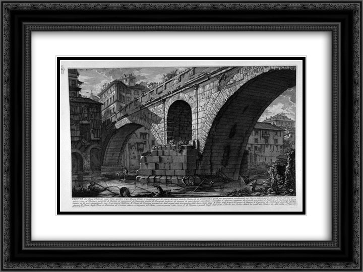 The Roman antiquities, t. 4, Plate XVI. A view of the the ship built and planted before the Travertine substructures of the Temple of Aesculapius 24x18 Black Ornate Wood Framed Art Print Poster with Double Matting by Piranesi, Giovanni Battista