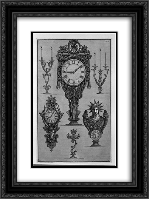 Three clocks and three candelabra 18x24 Black Ornate Wood Framed Art Print Poster with Double Matting by Piranesi, Giovanni Battista