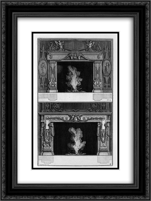 Two fireplaces overlapping: the inf with Medusa heads between two swans, with the support heads of Aries 18x24 Black Ornate Wood Framed Art Print Poster with Double Matting by Piranesi, Giovanni Battista